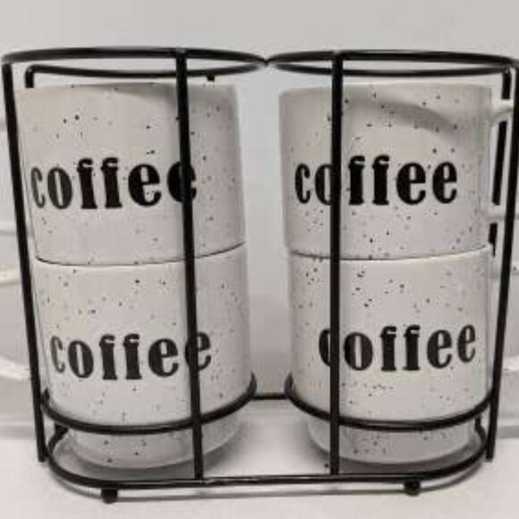 NEW! 4-Piece Set of Ceramic Coffee Mugs with Storage Rack
